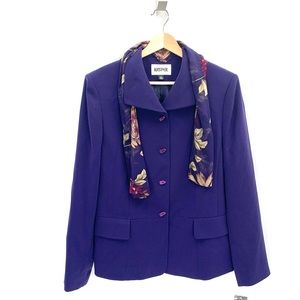 Kasper Purple Button Front Blazer Jacket Coordinating Floral Neck Scarf Size 10